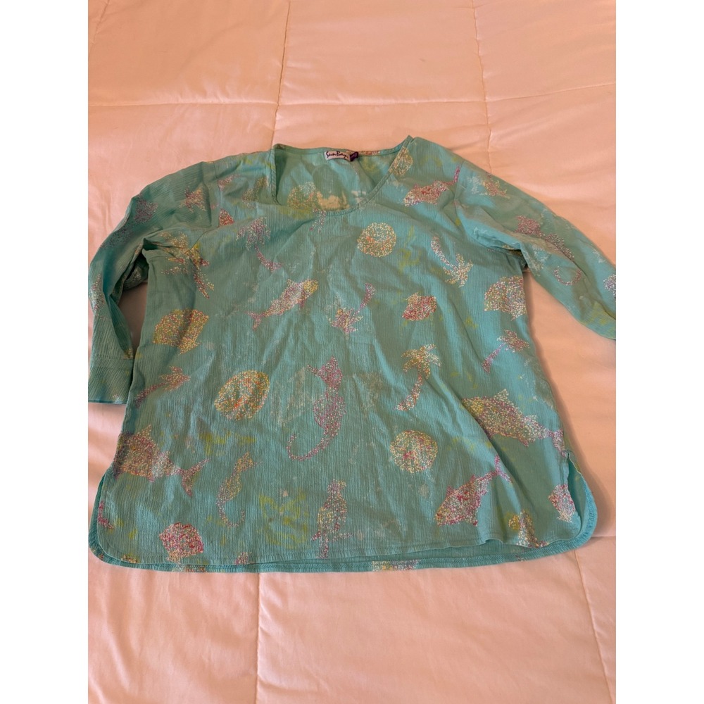 SunBay Womens PM Petite Medium Blue Cotton Gauze Tropical Sea Life Seahorse Top
